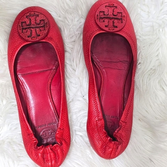 Tory Burch Minnie Red Leather Flats Size 8 - Picture 5 of 13